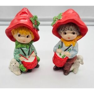 Vintage RB Japan Ceramic Christmas Drummer Boy Girl Figurines Red Hat Set of 2
